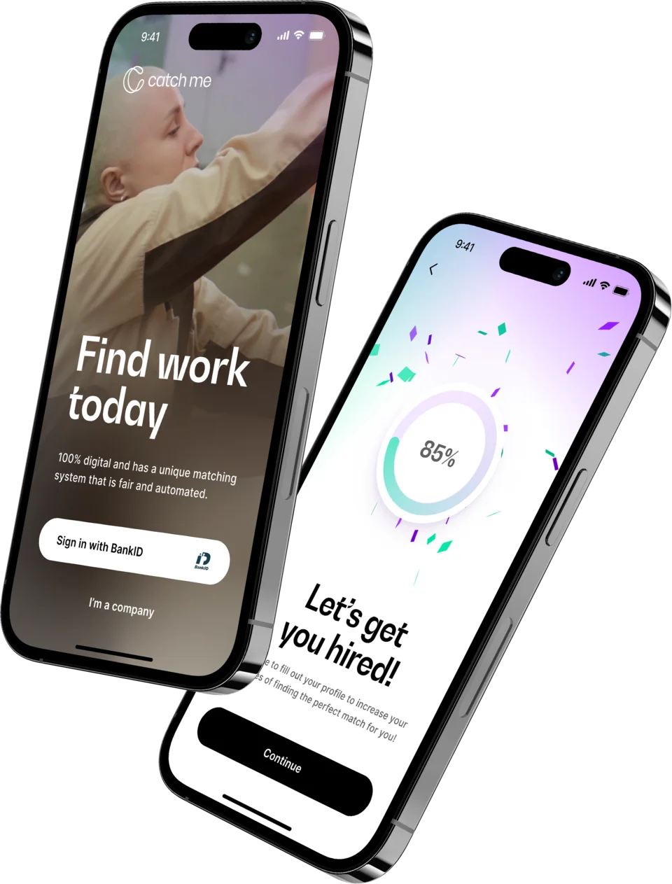CatchMe-appen på två mobiler: hitta jobb och skapa din profil.